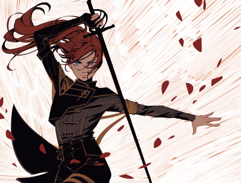 1girl black_gloves blue_eyes clair_obscur:_expedition_33 closed_mouth fingerless_gloves freckles frkdlsch_draws gloves holding holding_sword holding_weapon long_hair looking_at_viewer maelle_(clair_obscur:_expedition_33) ponytail rapier red_hair solo sword upper_body weapon
