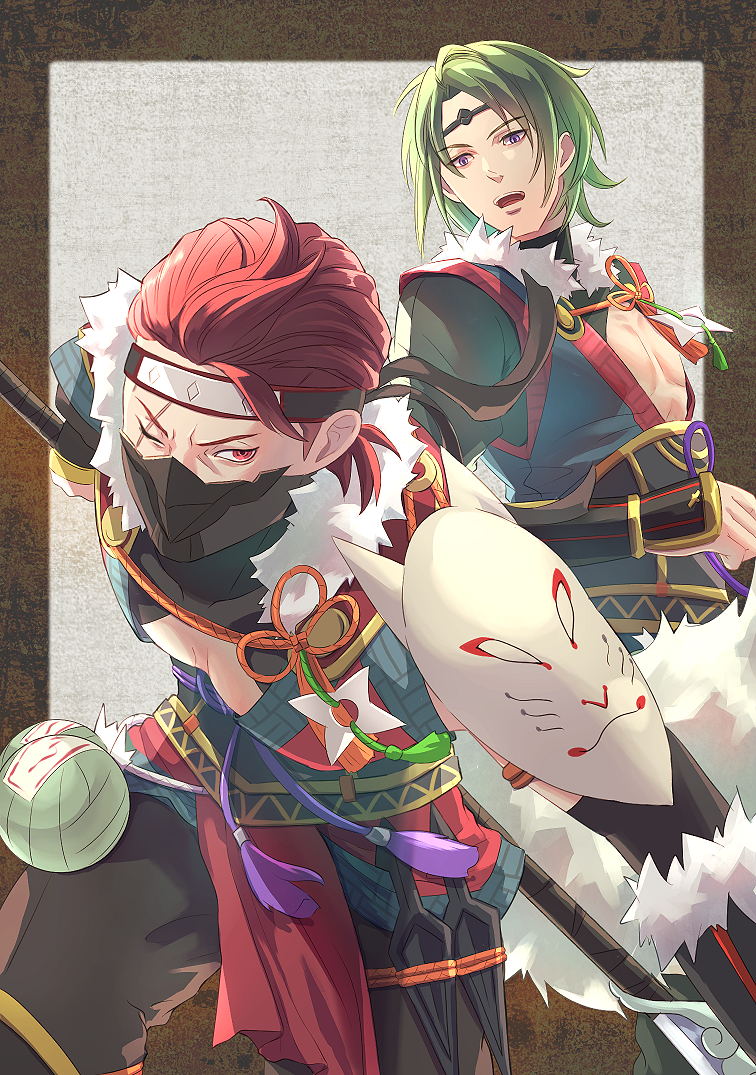 2boys brothers fire_emblem fire_emblem_fates fire_emblem_heroes fox_mask green_hair kaze_(fire_emblem) mask mouth_mask multiple_boys ninja ninja_mask nintendo official_alternate_costume one_eye_closed red_eyes red_hair riou_(pooh920) saizo_(fire_emblem) saizo_(ninja)_(fire_emblem) scar scar_across_eye scar_on_face siblings unworn_mask