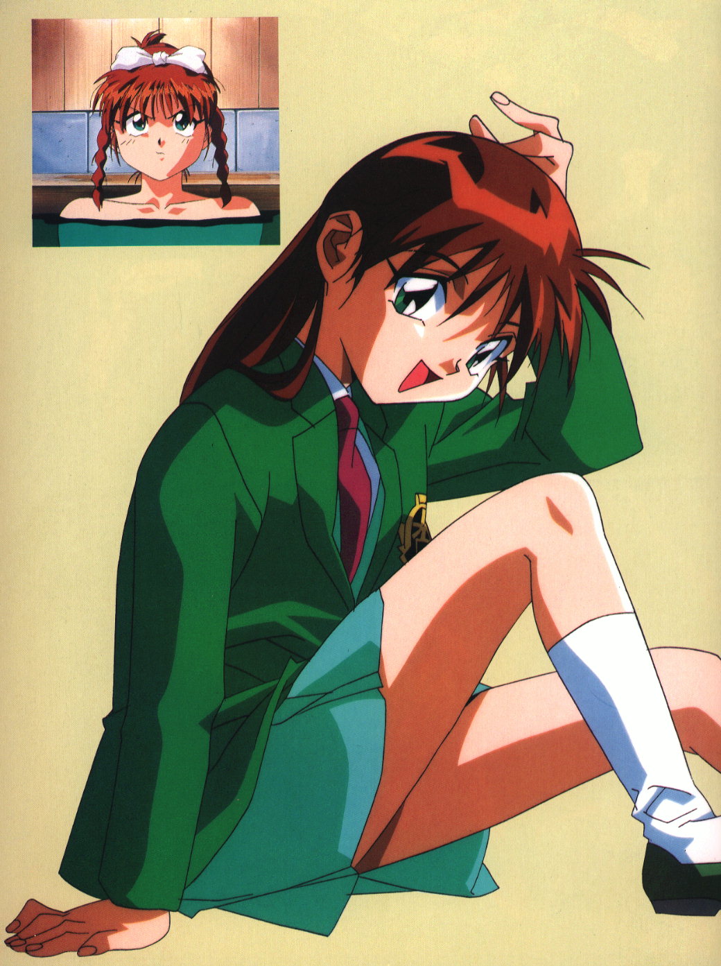 1990s_(style) artbook badge blue_seed brown_hair fujimiya_momiji green_eyes highres looking_at_viewer official_art scan school_uniform skirt smile solo tagme