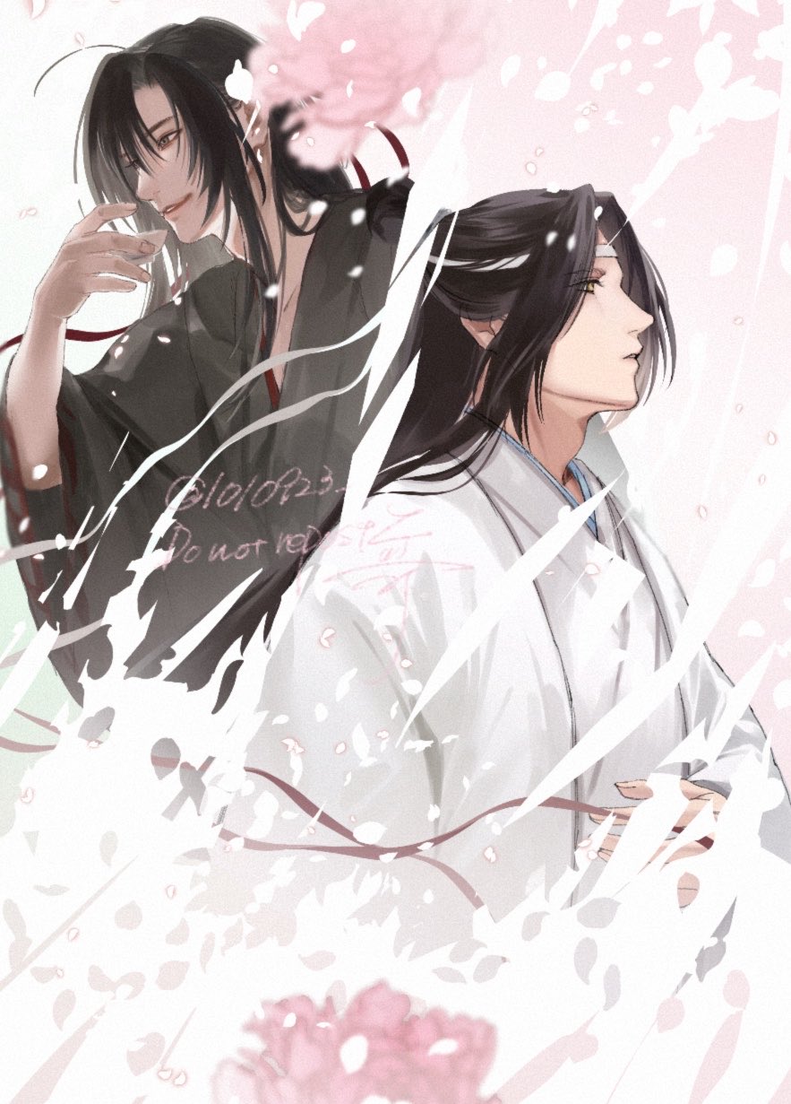 1010923 2boys ahoge bishounen black_hair black_hanfu cherry_blossoms chinese_clothes choko_(cup) cup falling_petals flower grey_eyes hair_down hair_ribbon half_updo hanfu headband highres holding holding_cup holding_flower holding_ribbon implied_yaoi lan_wangji long_hair long_sleeves looking_to_the_side male_focus modao_zushi multiple_boys official_alternate_hairstyle parted_lips petals pink_flower red_ribbon ribbon robe sidelocks smile twitter_username upper_body watermark wei_wuxian wei_wuxian_(yiling_laozu) white_hanfu white_headband wide_sleeves yellow_eyes