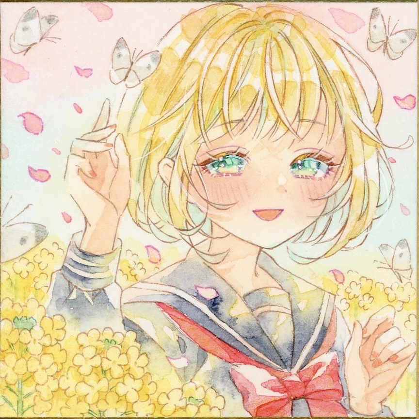 1girl amu_(m_aa) arm_up black_sailor_collar blonde_hair bow bowtie bug butterfly commentary_request day eyelashes falling_petals green_eyes grey_shirt hand_up insect long_sleeves open_mouth original outdoors painting_(medium) petals pink_petals portrait rapeseed_blossoms red_bow red_bowtie sailor_collar sailor_shirt shikishi shirt smile solo traditional_media watercolor_(medium)