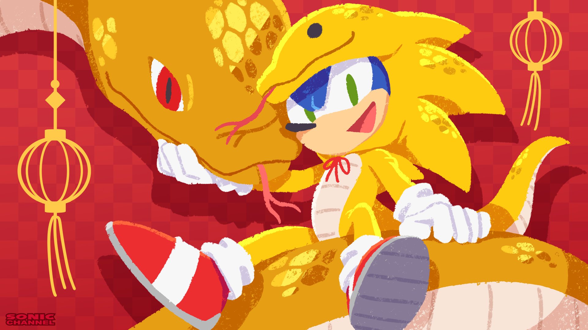 animal_costume blue_fur body_fur chinese_zodiac gold_snake green_eyes highres official_art red_background red_footwear simple_background snake_costume sonic_(series) sonic_the_hedgehog sonic_the_hedgehog_official year_of_the_snake yellow_scales