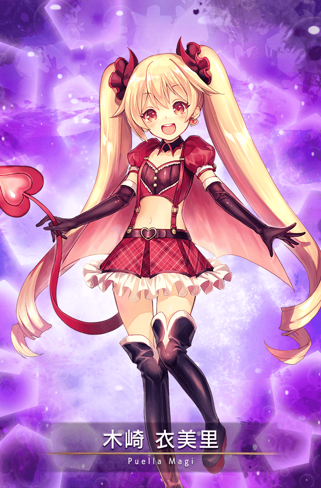 1girl belt belt_buckle bishie_sparkle black_belt black_boots black_collar black_gloves black_shirt blonde_hair boots buckle buttons cape card_(medium) character_name collar crop_top cropped_jacket demon_tail detached_collar dot_nose earrings elbow_gloves eyelashes fake_tail foot_out_of_frame frilled_skirt frills game_cg gem gloves hair_ornament hair_scrunchie happy heart heart-shaped_buckle heart_earrings holding_own_tail jacket jewelry kisaki_emiri lace lace-trimmed_shirt lace_trim light_blush light_particles long_hair looking_at_viewer magia_record:_mahou_shoujo_madoka_magica_gaiden magical_girl mahou_shoujo_madoka_magica miniskirt navel nyan_puu official_art open_clothes open_jacket open_mouth pink_cape plaid_clothes plaid_skirt pleated_skirt puffy_short_sleeves puffy_sleeves purple_background red_eyes red_gemstone red_jacket red_scrunchie red_skirt red_tail ribbed_skirt ringlets scrunchie shirt short_sleeves single_earring skirt smile solo standing tail teeth thigh_boots twintails upper_teeth_only very_long_hair