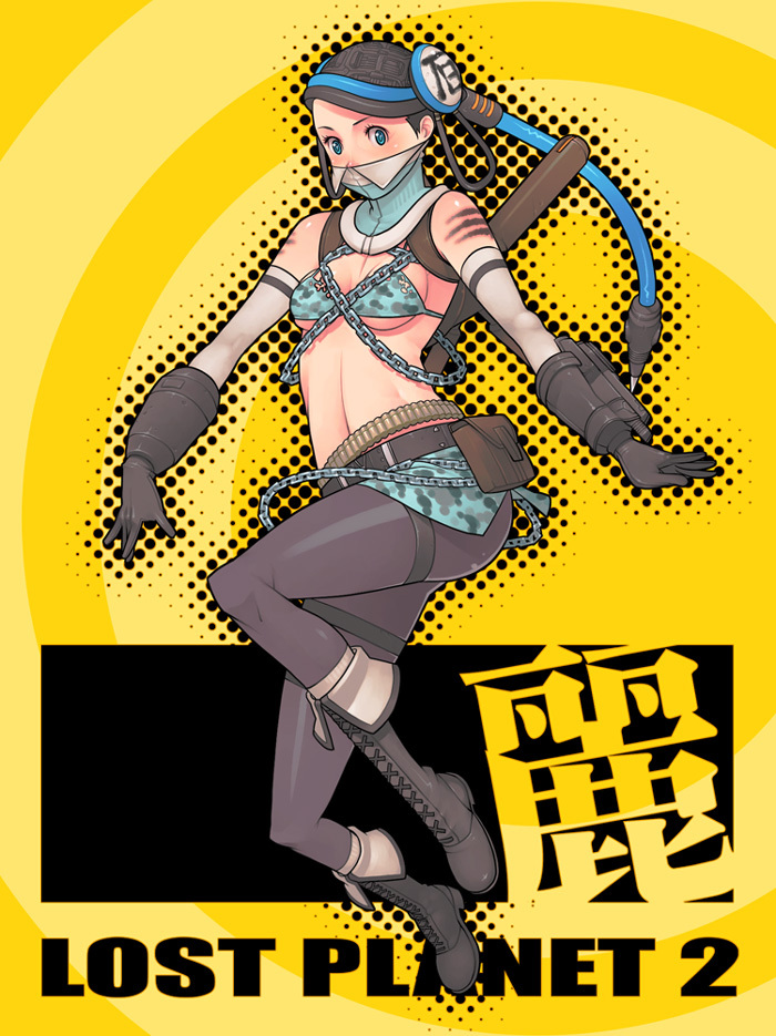 1girl bare_shoulders belt bikini bikini_top_only black_hair blue_eyes boots breasts capcom chain cleavage elbow_gloves female_focus g-room_honten gloves helmet lady_pirate_(lost_planet_2) legs lost_planet lost_planet_2 mask midriff pantyhose pouch skin_tight solo swimsuit tattoo