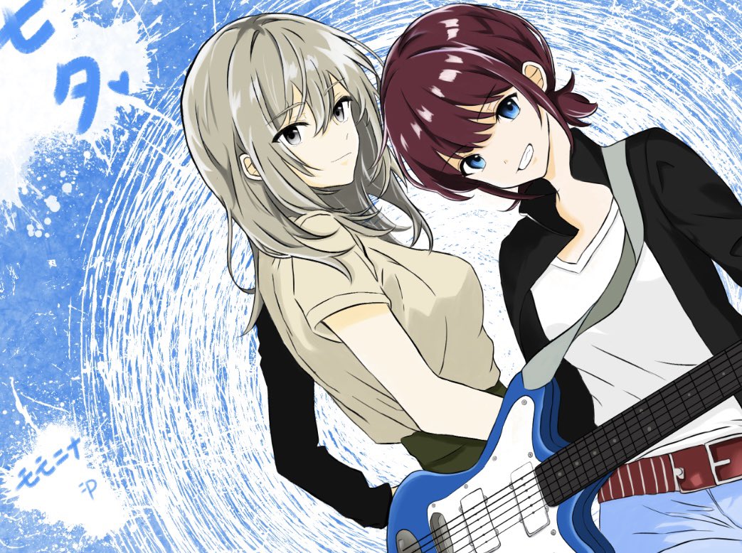 2girls black_jacket blue_eyes breasts brown_hair clenched_teeth closed_mouth commentary electric_guitar girls_band_cry grey_eyes grey_hair grey_shirt guitar hair_between_eyes heart instrument iseri_nina jacket kawaragi_momoka long_hair looking_at_viewer low_twintails medium_breasts momokan_1209 multicolored_hair multiple_girls open_clothes open_jacket open_mouth fender_jazzmaster roots_(hair) shirt short_hair short_twintails sidelocks tanabata teeth translated twintails white_shirt