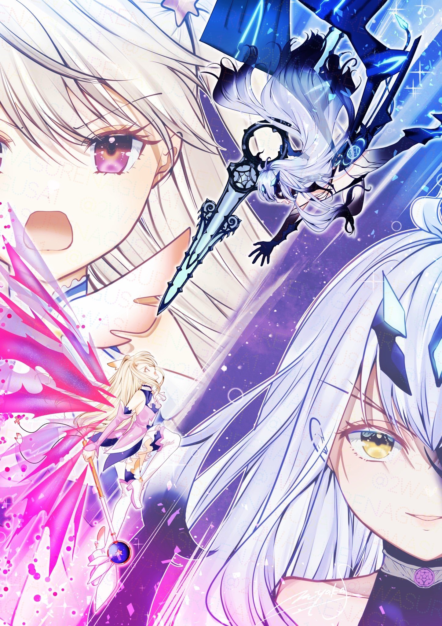 2girls ankle_wings bare_shoulders black_claws black_hair black_hands black_panties body_markings boots colored_extremities commission dragon_girl dragon_wings dress duel energy_wings fate/grand_order fate/kaleid_liner_prisma_illya fate_(series) gradient_hair gradient_skin grey_hair hair_ornament highres holding holding_wand illyasviel_von_einzbern kaleidostick kaleidostick_(zwei_form) long_hair magical_girl melusine_(fate) melusine_(third_ascension)_(fate) miyaka_(58305841) multicolored_hair multiple_girls panties pink_dress pink_sleeves prisma_illya prisma_illya_(zwei_form) red_eyes thigh_boots thighhighs underwear wand winged_boots wings yellow_eyes