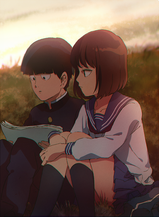 1boy 1girl aoki_(fumomo) black_eyes black_hair black_jacket black_pants black_socks blue_sailor_collar blue_skirt blunt_bangs blunt_ends bob_cut brown_hair buttons closed_mouth collared_jacket commentary_request emi_(mob_psycho_100) expressionless feet_out_of_frame fukami_emi gakuran grey_sky high_collar hill holding holding_paper hugging_own_legs jacket kageyama_shigeo kneehighs knees_up light_frown long_sleeves miniskirt mob_psycho_100 neckerchief on_grass outdoors pants paper paper_stack parted_lips pleated_skirt pointy_nose puffy_long_sleeves puffy_sleeves reading red_neckerchief sailor_collar school_uniform serafuku shirt short_hair sitting skirt sky socks sunlight sunset surprised swept_bangs undershirt white_shirt wide-eyed