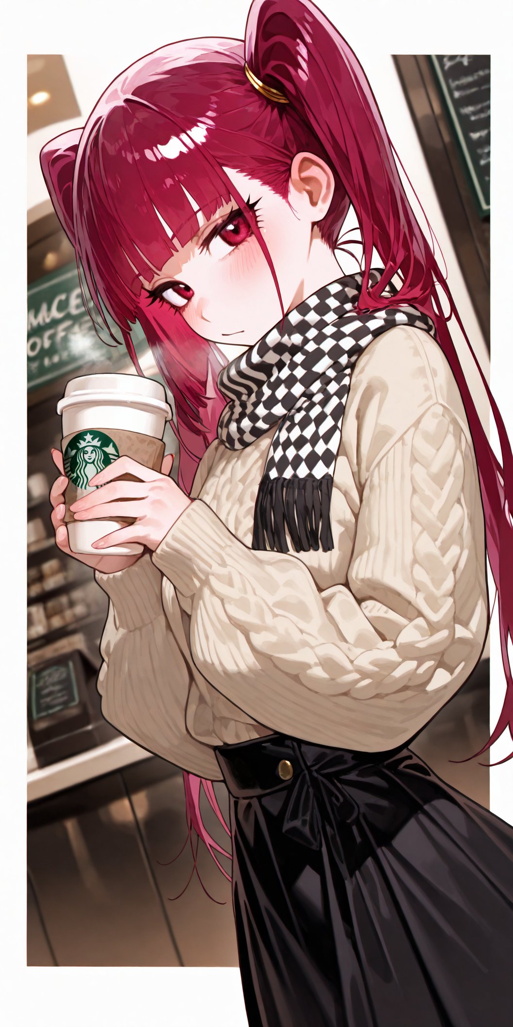 1girl :/ black_skirt bleach blush breasts casual closed_mouth dokugamine_riruka drink drowsy_sheep highres holding holding_drink indoors long_hair looking_at_viewer medium_breasts pink_eyes pink_hair skirt solo steam tsundere twintails winter_clothes