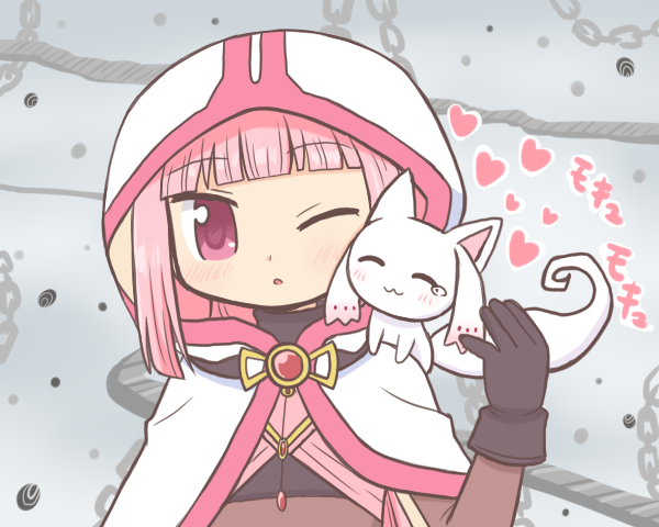 1girl ;o bad_id bad_twitter_id black_gloves blunt_bangs blush bodystocking chain cheek-to-cheek cloak creature creature_on_shoulder gloves grey_background hand_up heads_together heart hood hood_up hooded_cloak looking_at_viewer magia_record:_mahou_shoujo_madoka_magica_gaiden magical_girl mahou_shoujo_madoka_magica nuzzle on_shoulder one_eye_closed parted_lips pink_eyes pink_hair reverse_(bluefencer) sidelocks single_tear small_kyubey tamaki_iroha upper_body white_cloak