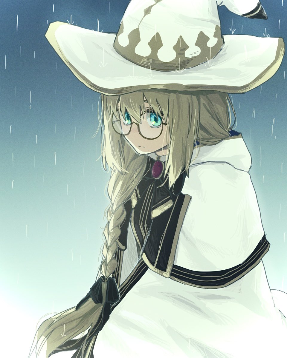 1girl aesc_(fate) aesc_(rain_witch)_(fate) blue_eyes braid brown_hair cloak commentary_request expressionless fate/grand_order fate_(series) glasses hat highres hwanm_fate korean_commentary long_hair looking_at_viewer profile rain round_eyewear solo very_long_hair white_cloak witch_hat