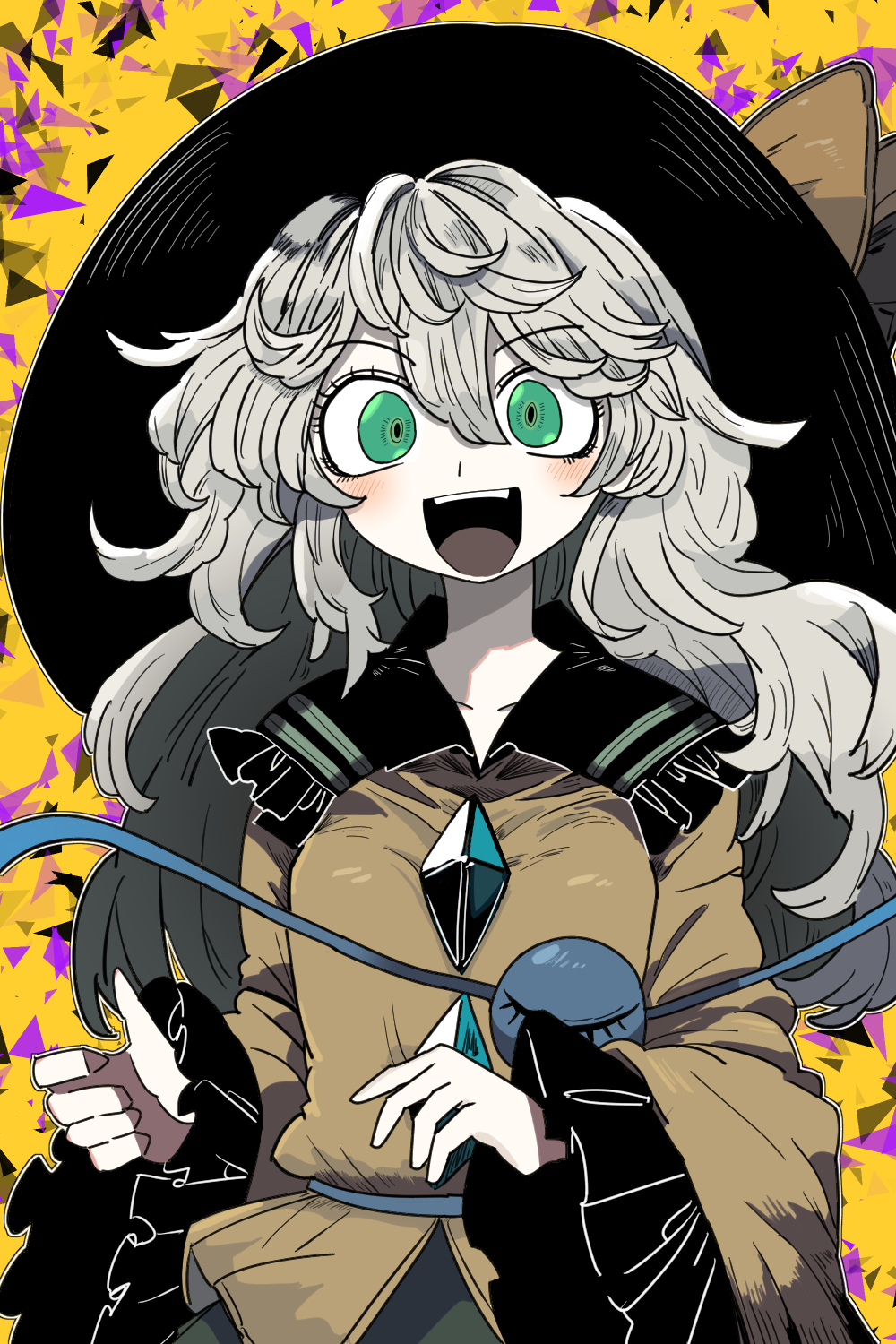 1girl black_hat blush bollzzalguy buttons diamond_button eyeball frilled_shirt_collar frilled_sleeves frills green_eyes green_skirt grey_hair hat hat_ribbon highres komeiji_koishi ribbon shirt skirt smile third_eye touhou wide_sleeves yellow_ribbon yellow_shirt
