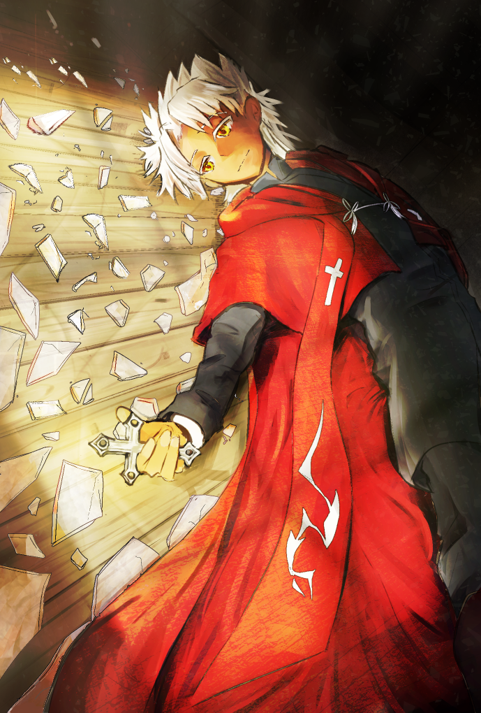 amakusa_shirou_(fate) black_jacket black_pants broken_glass cape cross dark_skin fate/grand_order fate_(series) glass holding holding_cross jacket light_rays male_focus open_clothes open_robe orange_eyes pants priest red_cape red_robe robe short_hair sunbeam sunlight tukigiri white_hair wooden_floor