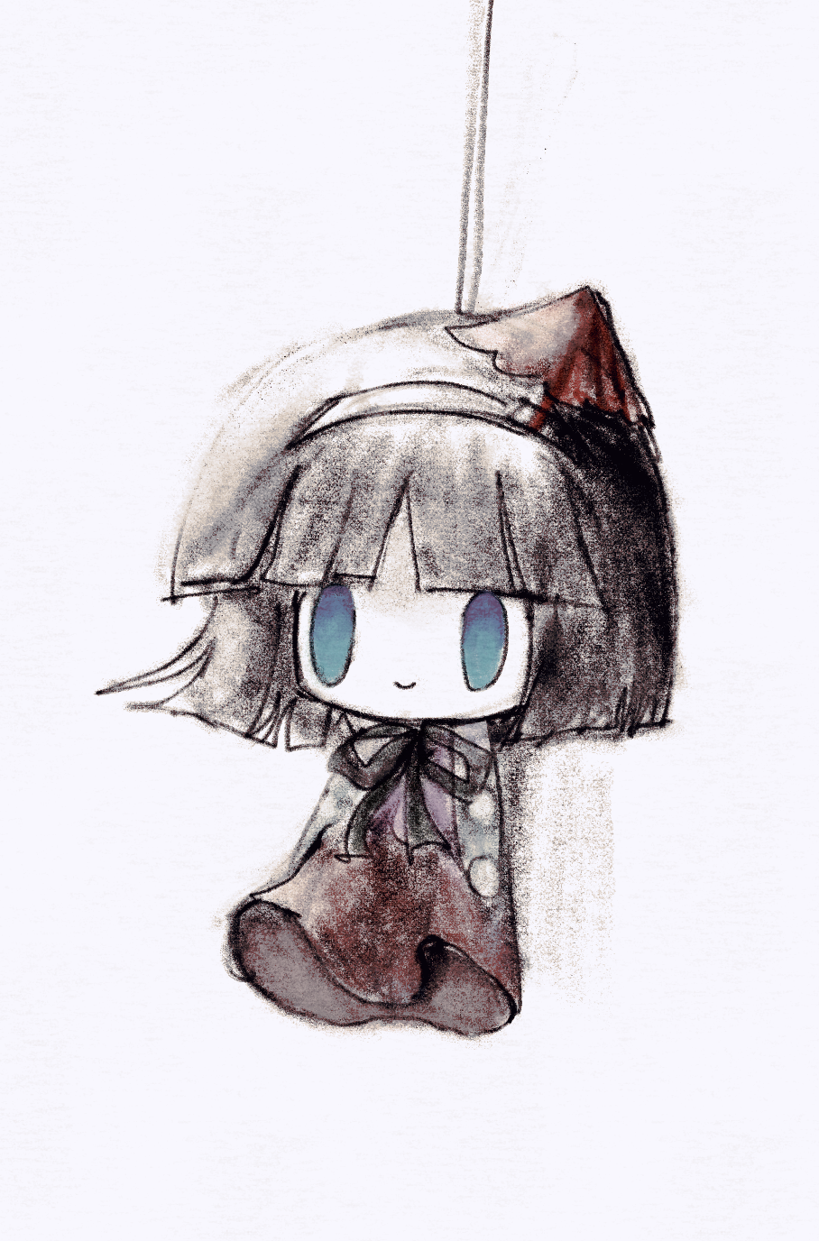 1other amanomiya_jun androgynous atoymk black_coat black_hair black_ribbon blue_eyes closed_mouth coat hairband highres len&#039;en neck_ribbon open_clothes open_coat other_focus polka_dot polka_dot_coat purple_shirt red_skirt ribbon shirt short_hair simple_background sketch skirt smile solo teruterubouzu umbrella_hair_ornament white_background white_hairband