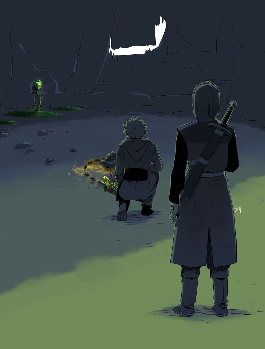2boys alternate_universe boots bouquet camus_(dq11) cave commentary_request cropped_shirt dragon_quest dragon_quest_xi facing_away flower from_behind grave hand_tattoo hero_(dq11) highres kamei_(yokoshima-ko) limited_palette male_focus medium_hair multiple_boys on_one_knee purple_flower red_flower rock sash short_hair squatting sword sword_on_back tattoo tunic weapon weapon_on_back yellow_flower