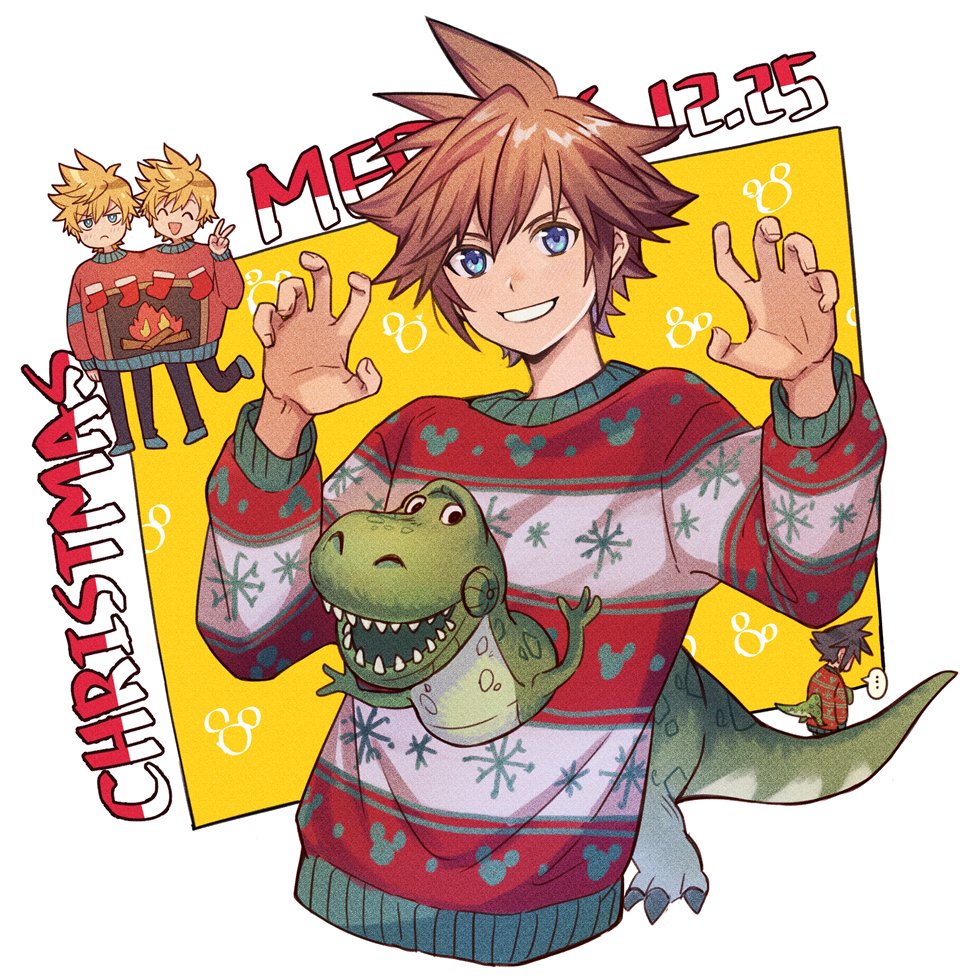 ... 4boys black_hair black_pants blonde_hair blue_eyes brown_hair christmas_sweater claw_pose closed_eyes dated facing_away frown full_body grin hair_between_eyes kingdom_hearts kingdom_hearts_iii long_sleeves looking_at_viewer male_focus merry_christmas multicolored_sweater multiple_boys pants rex_(toy_story) roxas shared_clothes shared_sweater short_hair smile sora_(kingdom_hearts) spiked_hair sweater teeth tyrannosaurus_rex upper_body vanitas_(kingdom_hearts) ventus_(kingdom_hearts) w_arms yurichi_(artist)