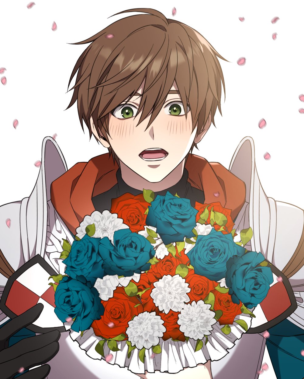 1boy alter_(mabinogi) armor black_gloves black_shirt blue_flower blue_rose blush bouquet breastplate brown_hair commentary_request double-parted_bangs falling_petals flower gloves green_eyes hair_between_eyes highres hood hood_down korean_commentary leaf mabinogi male_focus open_mouth pauldrons petals ray_(lthenray) red_flower red_hood red_rose rose shirt short_hair shoulder_armor solo teeth tongue turtleneck upper_body white_background white_flower