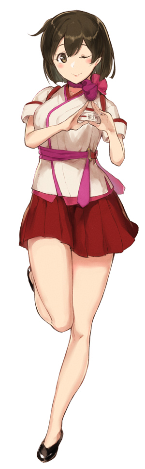 1girl black_footwear brown_eyes brown_hair character_name employee_uniform female_focus hair_between_eyes hiryuu_(kancolle) hiryuu_(peach)_(kancolle) kantai_collection one_eye_closed peach_(airline) pleated_skirt poco_(backboa) red_skirt short_hair short_sleeves signature simple_background skirt smile solo white_background