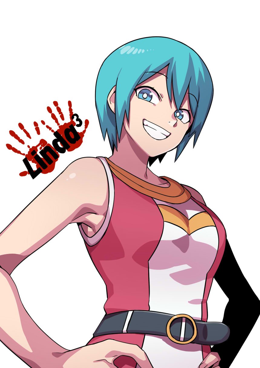 1girl aqua_hair blue_eyes breasts grin highres linda_(linda_cube) linda_cube looking_at_viewer short_hair simple_background smile solo tukiwani white_background