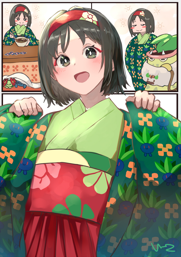 1girl :d bellossom blush blush_stickers bowl bright_pupils character_print chopsticks closed_mouth commentary_request e-co erika_(pokemon) floral_print gen_1_pokemon gen_2_pokemon gen_5_pokemon green_kimono hairband hakama hakama_skirt hands_up holding holding_bowl holding_chopsticks japanese_clothes kimono kotatsu nintendo oddish open_mouth pokemon pokemon_(creature) pokemon_lgpe red_hairband red_hakama red_sash sash skirt smile table themed_object victreebel whimsicott white_pupils
