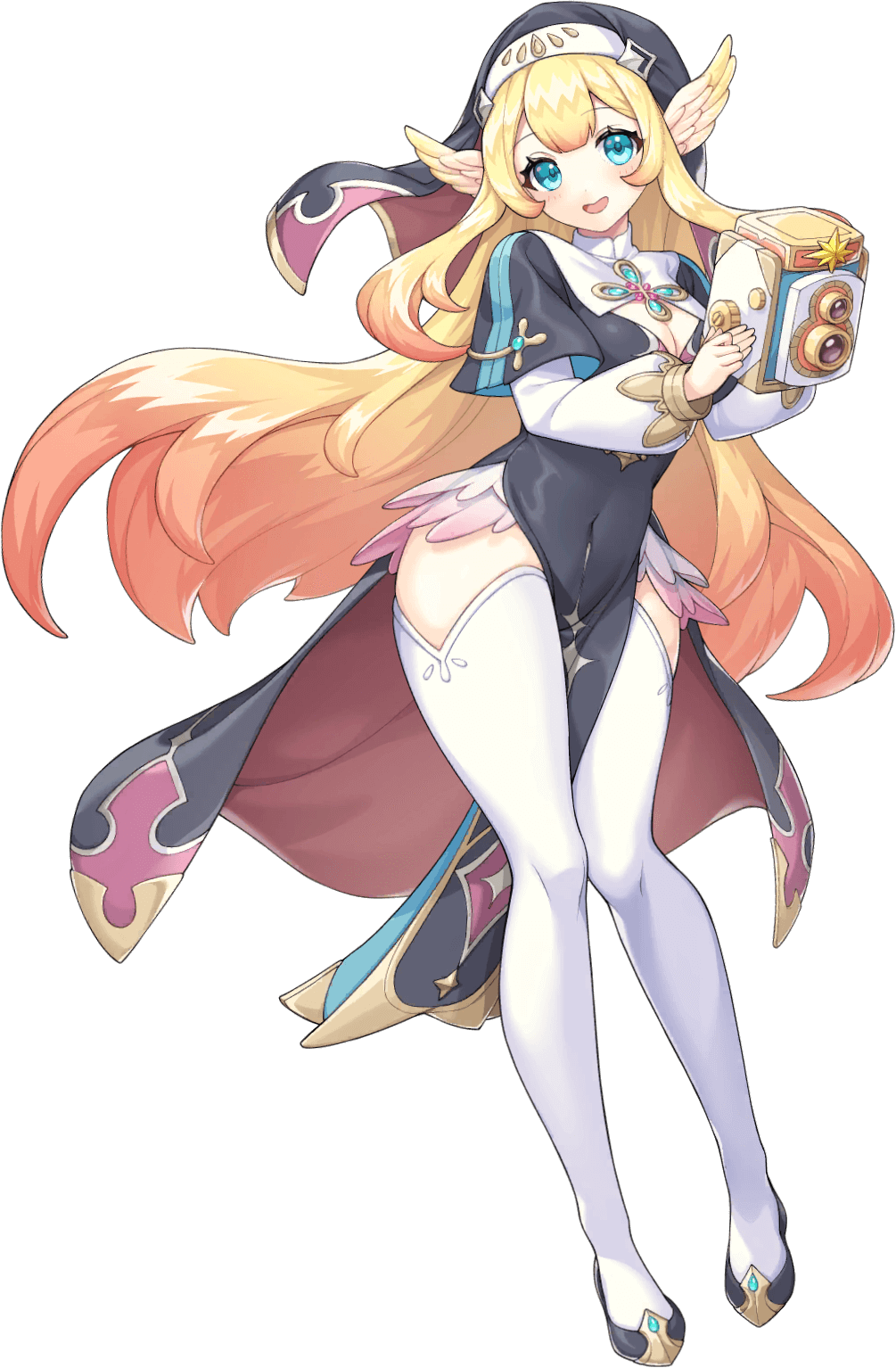 1girl artist_request black_footwear blonde_hair blue_eyes breasts camera cleavage covered_navel eight_pointed_star els_(legend_clover) feathered_wings full_body game_cg highres holding holding_camera legend_clover legs long_hair long_sleeves nun official_art solo star_(symbol) third-party_source transparent_background twin-lens_reflex_camera wings