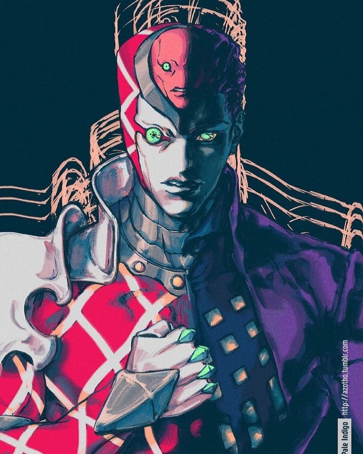 1boy 1other diavolo epitaph_(jojo) green_eyes jacket jojo_no_kimyou_na_bouken king_crimson_(stand) looking_at_viewer non-web_source official_alternate_costume purple_jacket shoulder_pads stand_(jojo) teeth tuxedo vento_aureo