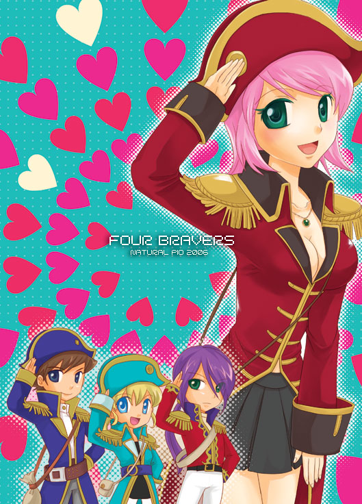 00s 1990s_(style) 1boy 2006 3girls androgynous blonde_hair blue_eyes breasts bartz_klauser cannoneer cleavage faris_scherwiz final_fantasy final_fantasy_v green_eyes hat heart heart_background krile_mayer_baldesion_(ff5) lenna_charlotte_tycoon miniskirt multiple_girls pink_hair pirate purple_hair reverse_trap salute skirt souchi uniform