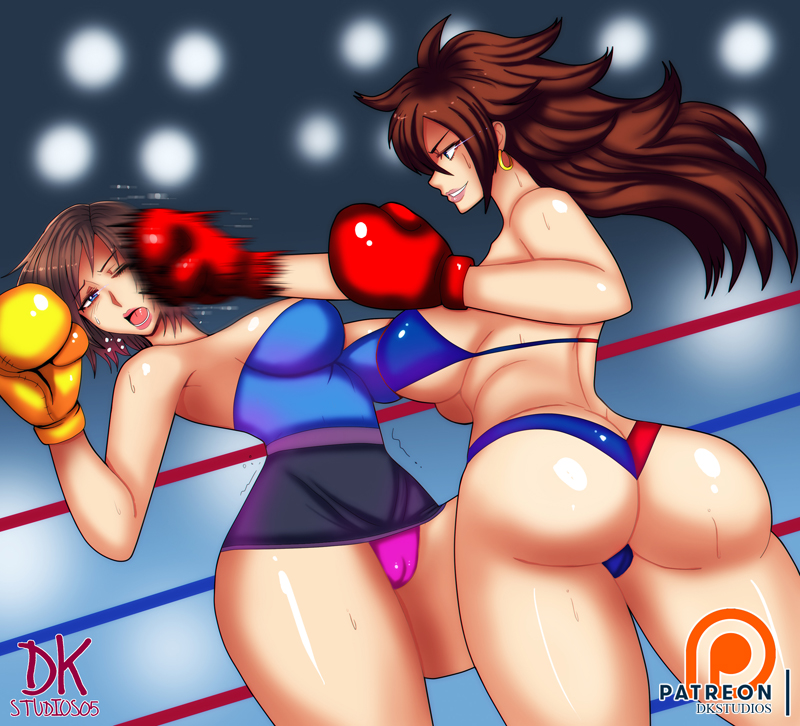 2girls android_21 ass boxing boxing_gloves boxing_ring breasts cleavage crossover curvy dkstudios05 dragon_ball huge_ass jill_valentine large_breasts multiple_girls open_mouth panties patreon punching resident_evil thick_thighs thighs thong underwear