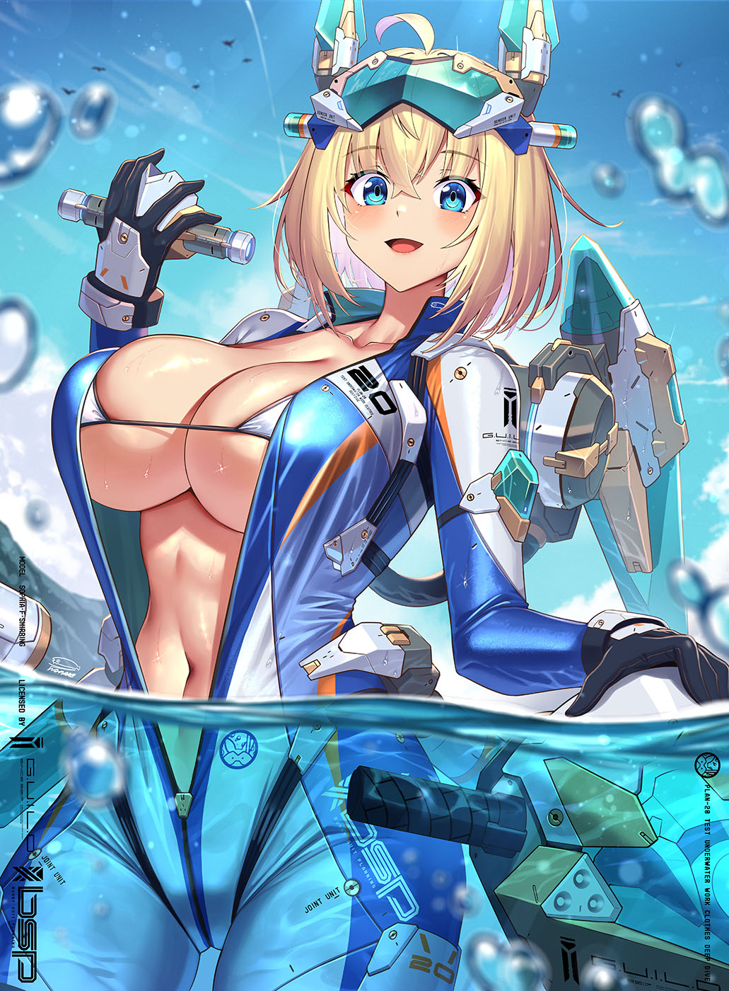 1girl bikini bikini_under_clothes black_gloves blonde_hair blue_bodysuit blue_eyes blue_sky blush bodysuit breasts center_opening cleavage commentary_request day gloves goggles goggles_on_head hair_between_eyes highres holding holding_mask jet_ski large_breasts looking_at_viewer mask navel open_mouth original short_hair sky smile solo sophia_f_shirring swimsuit takamine_nadare water_drop watercraft