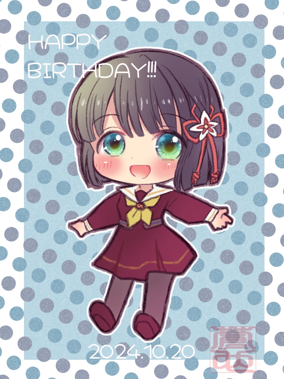 1girl :d black_hair black_pantyhose blue_background blunt_bangs blunt_ends border brown_dress brown_shoes canyon_2019 chibi chibi_only commentary dated dress flower flower_knot green_eyes hair_flower hair_ornament happy_birthday hasu_no_sora_school_uniform highres link!_like!_love_live! loafers long_sleeves love_live! medium_dress momose_ginko neckerchief open_mouth outline pantyhose pleated_dress polka_dot polka_dot_background polka_dot_border sailor_collar sailor_dress school_uniform shoes short_hair smile solo symbol-only_commentary virtual_youtuber white_border white_outline white_sailor_collar winter_uniform yellow_neckerchief