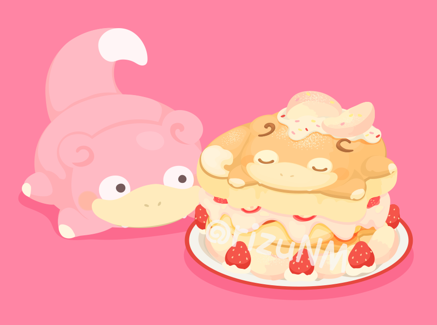 artist_name black_eyes blush blush_stickers character-themed_food closed_eyes commentary_request cream food fruit gen_1_pokemon nintendo no_humans pancake pink_background plate pokemon pokemon_(creature) rizu_(rizunm) shadow simple_background slowpoke solo sprinkles strawberry twitter_username