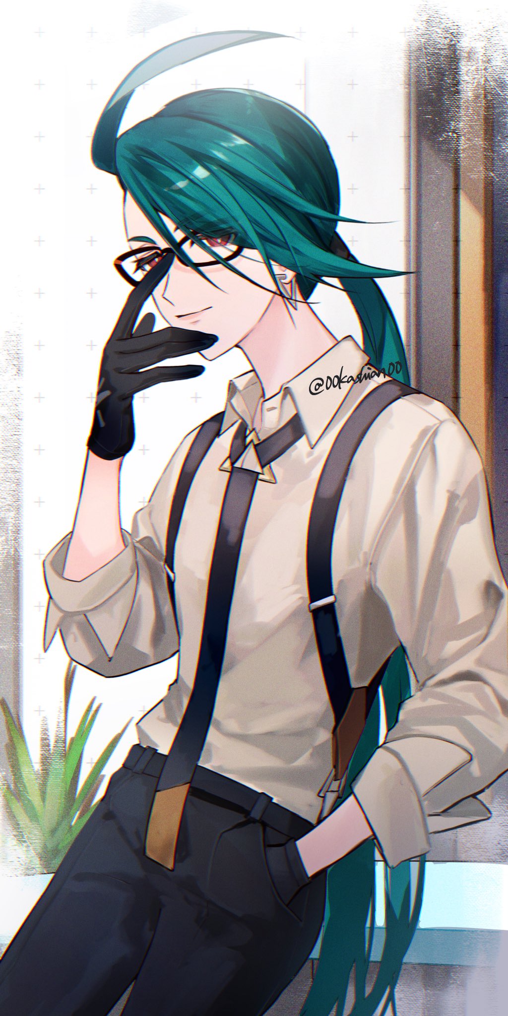 00kashian00 1girl adjusting_eyewear androgynous black_gloves black_pants commentary_request cowboy_shot earrings flat_chest glasses gloves green_hair hand_in_pocket highres jewelry nintendo pants pokemon pokemon_sv red_eyes reverse_trap rika_(pokemon) sleeves_rolled_up solo suspenders twitter_username