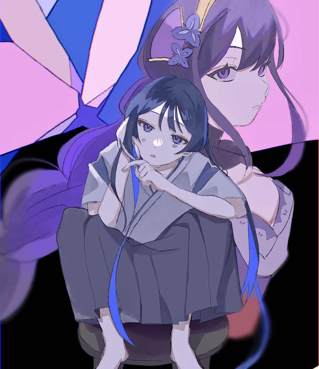 1boy 1girl alternate_costume alternate_hair_length alternate_hairstyle black_hair black_pants black_shrug blue_hair blue_sleeves blunt_ends bright_pupils closed_mouth clothing_cutout colored_inner_hair crying crying_with_eyes_open cutting_hair cutting_own_hair eyelashes eyeliner eyeshadow genshin_impact glowing_pupils hakama hakama_pants hand_in_own_hair hands_up head_tilt highres japanese_clothes kimono layered_sleeves long_hair looking_at_viewer low-braided_long_hair low-tied_long_hair makeup mother_and_son multicolored_hair pants parted_lips pink_lips purple_eyes purple_hair purple_kimono raiden_shogun red_eyeliner red_eyeshadow scaramouche_(genshin_impact) shomo_uwu short_sleeves shoulder_cutout shrug_(clothing) sidelocks sitting stool tears white_mouth white_pupils white_sleeves