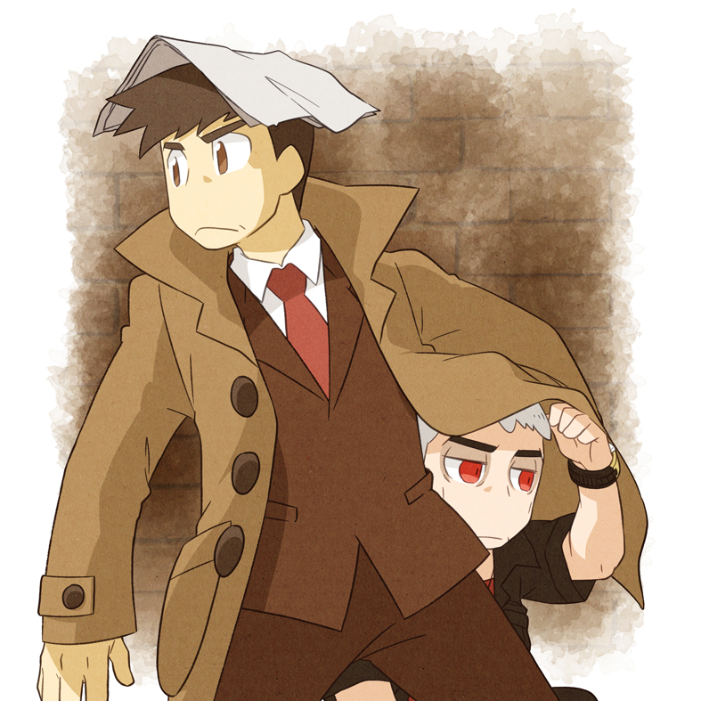 2boys brick_wall brown_coat brown_eyes brown_hair brown_jacket brown_panties coat collared_shirt grey_hair jacket looker_(pokemon) male_focus mietsuba multiple_boys nanu_(pokemon) necktie nintendo no_nose panties paper_on_head pokemon pokemon_sm red_eyes red_necktie shirt short_hair underwear white_shirt wristband