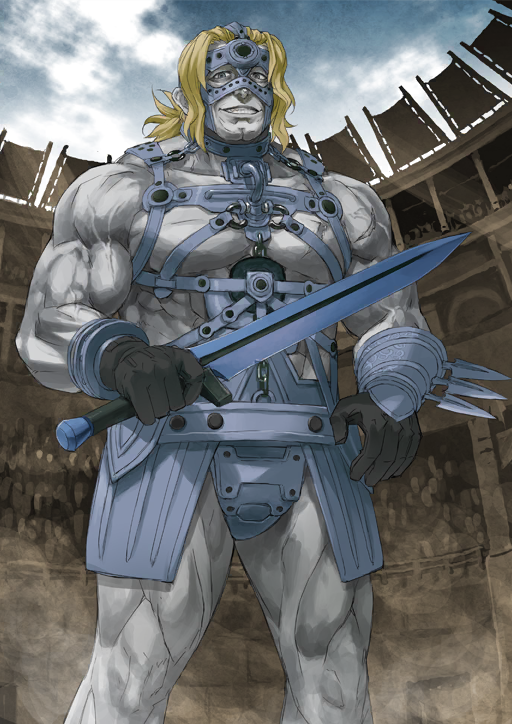 1boy armor black_gloves blonde_hair blue_sky bracer chain chest_harness cleft_chin clothing_request cloud colored_skin colosseum crowd fate/grand_order fate_(series) faulds feet_out_of_frame gloves grey_eyes grey_skin grin harness holding holding_sword holding_weapon konoe_ototsugu legs_apart looking_at_viewer low_ponytail male_focus muscular muscular_male no_shirt official_art outdoors pectorals ponytail revision scar scar_on_arm scar_on_chest sidelocks sky smile solo spartacus_(fate) spikes standing sword teeth third-party_source variant_set weapon