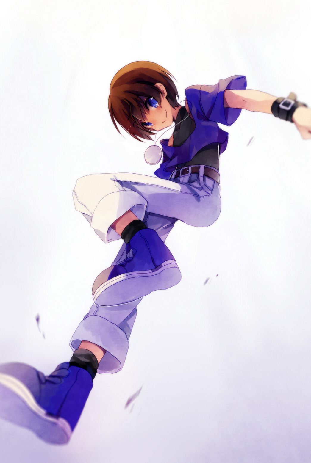 1boy belt blue_eyes blue_footwear blue_shirt brown_hair chris_(kof) highres jewelry kicking looking_at_viewer necklace saku_qq shirt smile the_king_of_fighters wristband