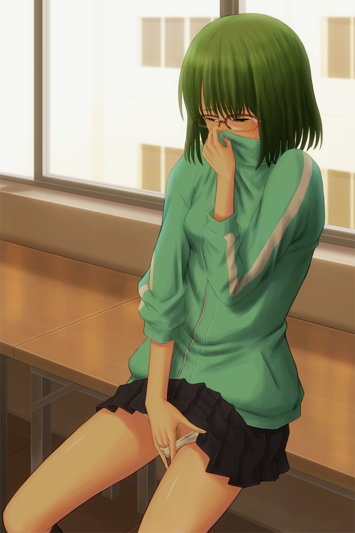 1girl aqua_cardigan black_skirt bonnie_(rsg) cardigan clothes_lift female_masturbation female_pubic_hair fingering glasses green_eyes green_hair half-closed_eyes hand_in_panties hori-san_to_miyamura-kun kouno_sakura long_sleeves masturbation miniskirt over-rim_eyewear panties pleated_skirt pubic_hair red-framed_eyewear semi-rimless_eyewear shiny_skin short_hair sitting skirt skirt_lift solo underwear white_panties
