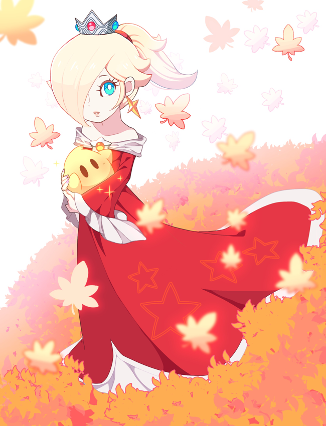 1girl alternate_hairstyle bare_shoulders blonde_hair blue_eyes blue_gemstone blush bright_pupils brooch collarbone crown dress earrings eyelashes falling_leaves fire_rosalina frilled_sleeves frills full_body gem hair_over_one_eye high_ponytail holding hoshikuzu_pan jewelry leaf lips long_hair long_sleeves looking_at_viewer luma_(mario) maple_leaf mario_(series) mini_crown nintendo off-shoulder_dress off_shoulder one_eye_covered parted_bangs parted_lips pink_gemstone ponytail red_dress rosalina sidelocks simple_background sparkle standing star_(symbol) star_earrings super_mario_3d_world swept_bangs white_background white_pupils wide_sleeves