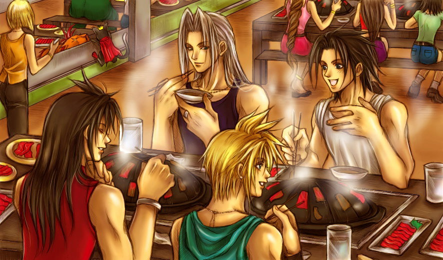 1990s_(style) aerith_gainsborough barret_wallace cait_sith_(final_fantasy) cid_highwind cloud_strife elena_(ff7) everyone final_fantasy final_fantasy_vii garakuta_(chika) multiple_boys multiple_girls red_xiii retro_artstyle sephiroth tifa_lockhart vincent_valentine yuffie_kisaragi zack_fair
