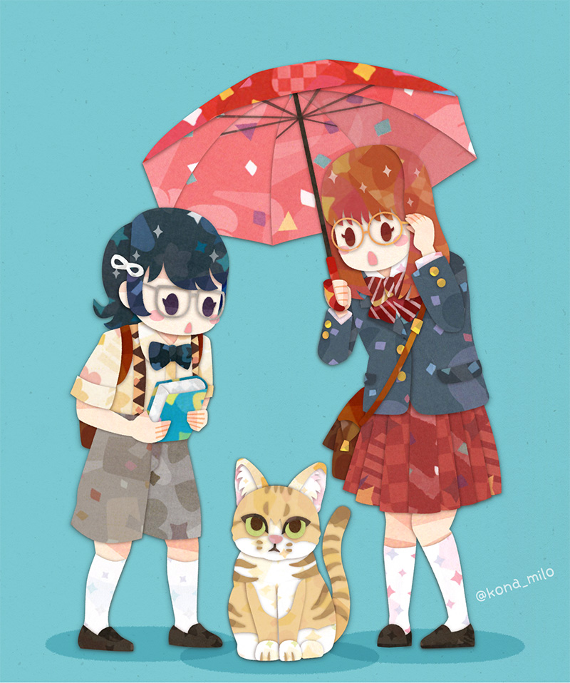 2girls animal bag black_hair blue_background book bow bowtie brown_hair cat character_request copyright_request glasses jacket kikuchi_milo long_hair multiple_girls ribbon school_bag school_uniform shirt shoes shorts simple_background skirt socks umbrella