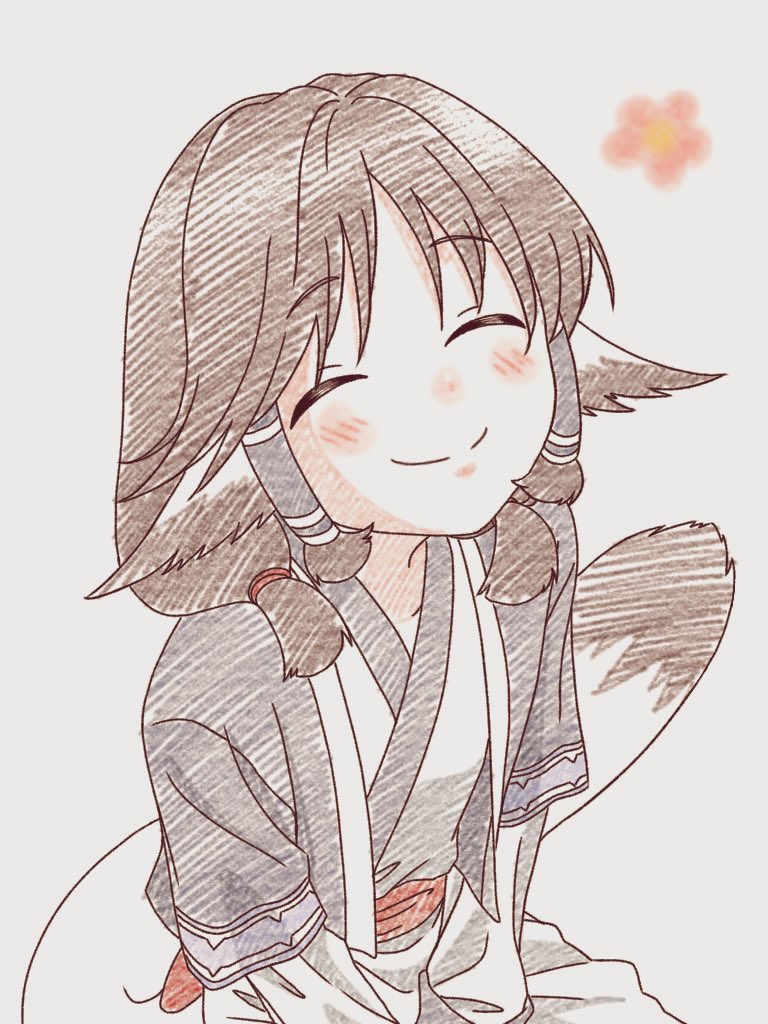 1girl ainu_clothes animal_ears aquaplus aruruu blush breasts brown_hair from_above hair_over_shoulder layered_sleeves long_sleeves medium_hair omeletterice39 raised_eyebrows red_sash sash sidelocks sketch small_breasts solo tail twintails utawarerumono