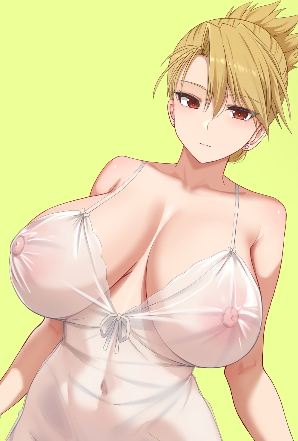 1girl blonde_hair breasts breasts_apart closed_mouth covered_erect_nipples covered_navel dress earrings fullmetal_alchemist ginhaha highres huge_breasts jewelry nipples red_eyes riza_hawkeye see-through_clothes see-through_dress simple_background solo stud_earrings yellow_background