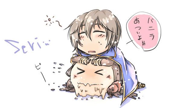 &gt;_&lt; 1boy alchemist_(ragnarok_online) blue_cape brown_hair brown_shirt cape chibi chibi_only closed_eyes commentary_request full_body hair_between_eyes long_bangs male_focus matoyuuki open_mouth ragnarok_online shirt short_hair simple_background slime_(creature) solo squeans translation_request vanilmirth_(ragnarok_online) white_background