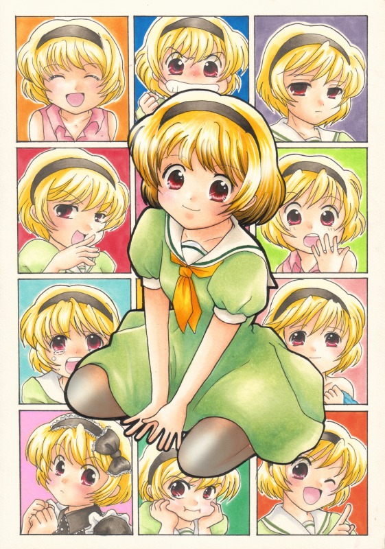 00s 1girl bad_id bad_pixiv_id blonde_hair dress gintarou_(puipuiginta) hairband higurashi_no_naku_koro_ni houjou_satoko red_eyes sailor_dress short_hair sitting