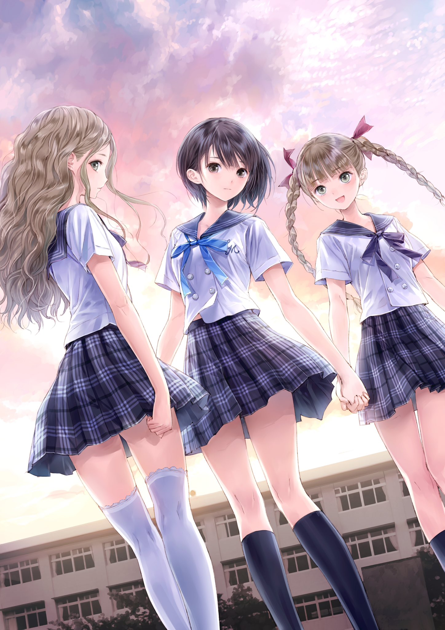 3girls :d black_eyes black_hair black_skirt black_socks blue_reflection_(series) blue_reflection_maboroshi_ni_mau_shoujo_no_ken blue_ribbon braid breasts brown_hair building collarbone dutch_angle floating_hair green_eyes hair_ribbon highres holding_hands hoshinomiya_girls'_high_school_uniform interlocked_fingers kishida_mel kneehighs kneepits long_hair looking_at_viewer looking_back midriff_peek multiple_girls neck_ribbon open_mouth outdoors over-kneehighs pleated_skirt profile red_ribbon ribbon school_uniform serafuku shijou_raimu shijou_yuzuki shirai_hinako shirt short_hair short_sleeves skirt sky small_breasts smile socks thighhighs twin_braids wavy_hair white_shirt white_thighhighs zettai_ryouiki