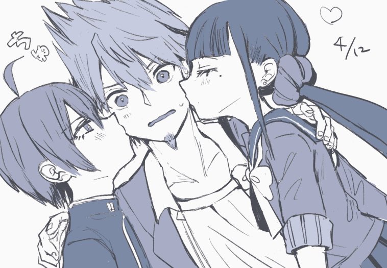 1girl 2boys a_iu_(365harumakilove) ahoge bisexual_male blush bow bowtie cheek_kiss collarbone collared_shirt danganronpa_(series) danganronpa_v3:_killing_harmony dated double_cheek_kiss earrings hair_ornament hair_scrunchie harukawa_maki heart jacket jewelry kiss kissing_cheek long_hair low_twintails mole mole_under_eye momota_kaito multiple_boys open_clothes open_mouth open_shirt profile saihara_shuichi scrunchie shirt short_hair short_sleeves skirt spiked_hair translation_request twintails