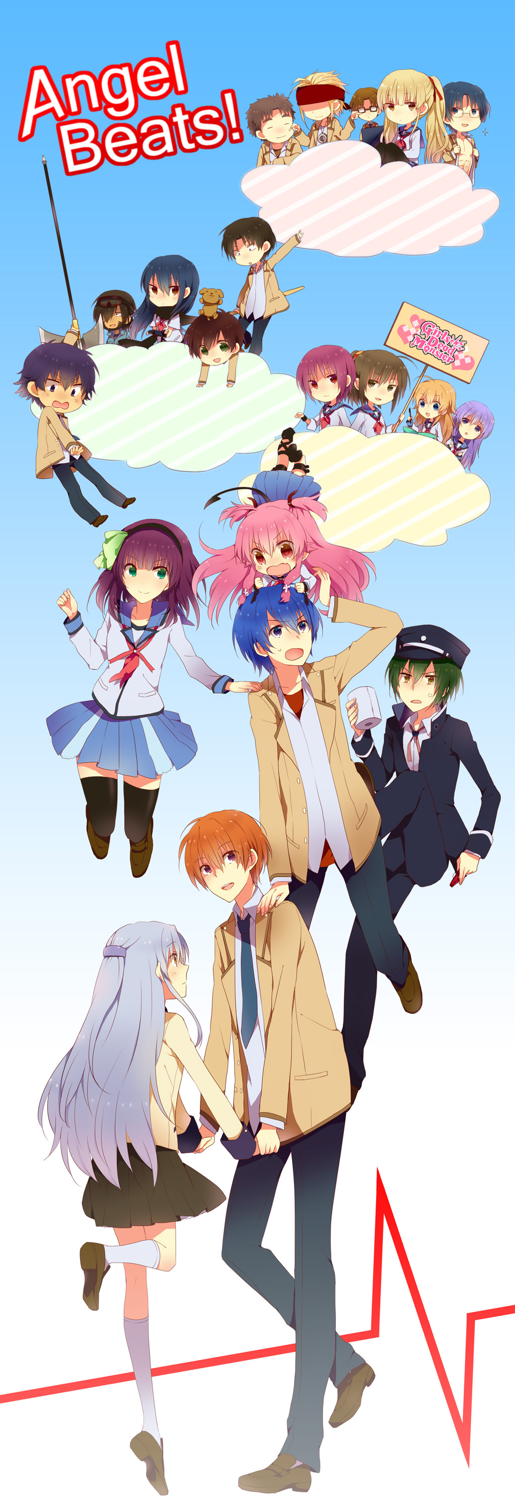 10s 6+boys 6+girls absurdres angel_beats! axe bad_id bad_pixiv_id battle_axe bokken char_(angel_beats!) chibi cloud everyone fujimaki_(angel_beats!) hat highres hinata_hideki hisako12 hisako_(angel_beats!) irie_miyuki iwasawa_masami legs matsushita_(angel_beats!) multiple_boys multiple_girls nakamura_yuri naoi_ayato necktie noda_(angel_beats!) ooyama_(angel_beats!) otonashi_yuzuru pantyhose polearm saitou_(angel_beats!) school_uniform sekine_shiori serafuku shiina_(angel_beats!) shirasaya sign sleeves_rolled_up stuffed_animal stuffed_toy sword takamatsu_(angel_beats!) takeyama_(angel_beats!) tayako tenshi_(angel_beats!) thighhighs tk_(angel_beats!) toilet_paper weapon wooden_sword yui_(angel_beats!) yusa_(angel_beats!) yusacan