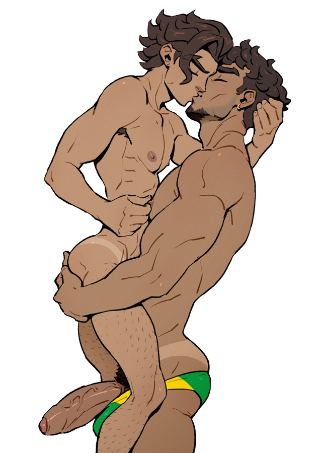 2boys ass bara beard brothers brown_hair closed_eyes commentary completely_nude cowboy_shot dilftown_(schizoid) earrings english_commentary facial_hair feet_out_of_frame grabbing_another&#039;s_ass green_male_underwear groping hand_on_another&#039;s_head incest jewelry kiss leg_hair lucas_souza male_focus male_pubic_hair male_underwear multiple_boys muscular muscular_male nipples nude pectorals penis pubic_hair rico_souza schizoid siblings simple_background size_difference underwear white_background yaoi yellow_male_underwear