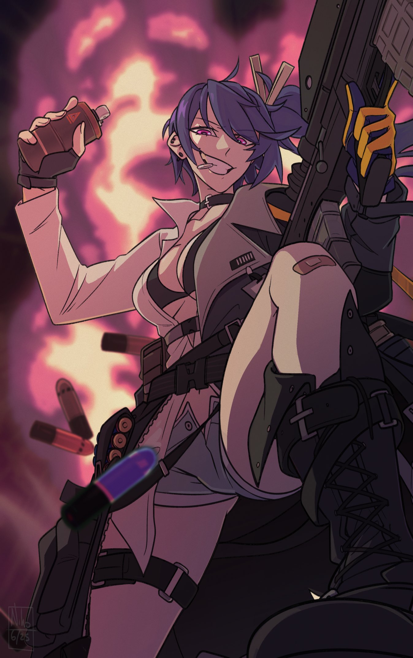 1girl 20x30mm_lv 20x30mm_lv_heab_k167 20x30mm_lv_p_k168 airburst_grenade_launcher airburst_round ammunition anti-materiel_cartridge assault_rifle asymmetrical_gloves bandaid bandaid_on_knee bandaid_on_leg bikini bikini_top_only black_boots black_coat black_gloves blue_gloves bolt-action_grenade_launcher bolt_action boots bullpup burst_fire_gun burst_fire_rifle cannon_cartridge coat commentary commission computerized_scope daewoo_k11 ear_piercing english_commentary explosion explosive fingerless_gloves fragmentation_grenade fragmentation_warhead girls'_frontline gloves grenade grenade_cartridge grenade_launcher grenade_pin_in_mouth gun hair_ornament hairclip hand_grenade high-explosive_airburst_round high-explosive_cartridge highres holding holding_grenade holding_gun holding_weapon k11_(girls'_frontline) kamuify lace-up_boots looking_at_viewer military_cartridge mismatched_gloves multi-weapon multiple-barrel_gun open_clothes open_coat open_shirt open_shorts parted_lips piercing pink_eyes practice_round precision-guided_firearm precision-guided_munition rifle shirt short-barreled_rifle short_shorts shorts side_ponytail smart_grenade smart_scope smile solo subsonic_ammunition swimsuit teeth two-tone_gloves underbarrel_assault_rifle underbarrel_rifle weapon white_shirt yellow_gloves