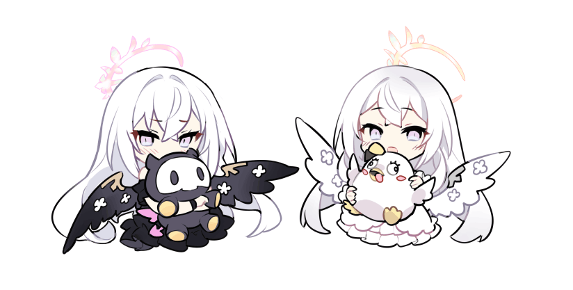 2girls :d azusa_(blue_archive) black_dress black_wings blue_archive blush chibi covered_mouth dress hair_between_eyes halo long_hair multiple_girls hugging_object open_mouth peroro_(blue_archive) purple_eyes saru simple_background smile stuffed_animal stuffed_bird stuffed_toy very_long_hair white_background white_dress white_hair white_wings wings