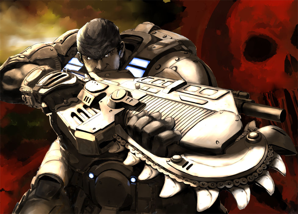 1boy 640mb armor chainsaw gears gears_of_war gun lancer_(gears_of_war) male_focus manly marcus_fenix painkiller_(artist) skull solo weapon